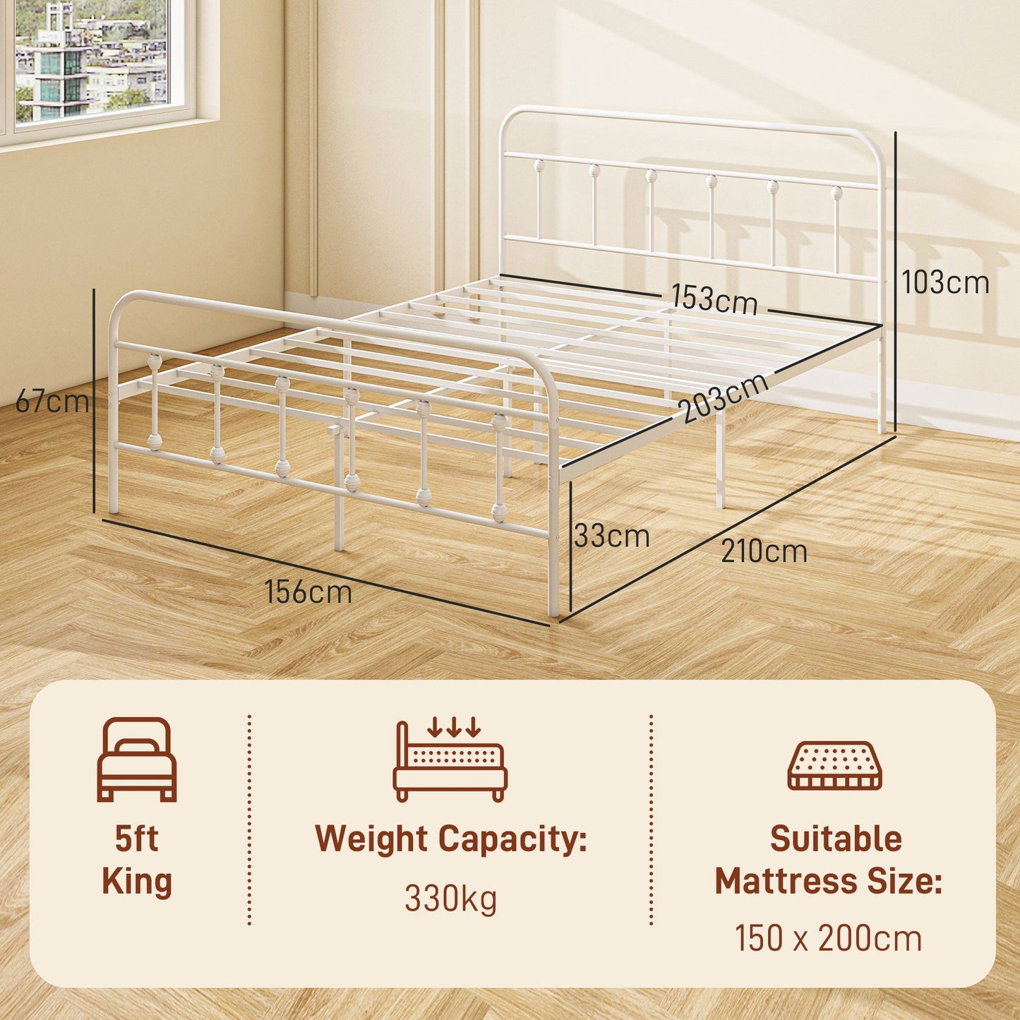 HOMCOM 5ft King Bed Frame with Underbed Storage, Metal Platform Bed frame with Tall Headboard, Footboard and Steel Slat Support, No Box Spring Needed, Easy Assembly, White