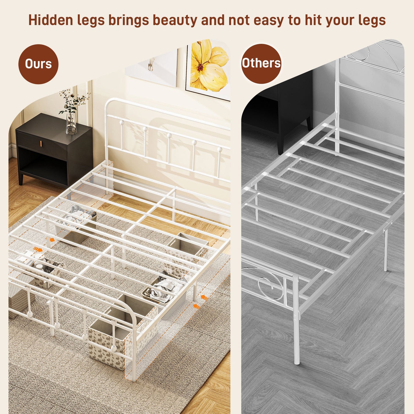 HOMCOM 5ft King Bed Frame with Underbed Storage, Metal Platform Bed frame with Tall Headboard, Footboard and Steel Slat Support, No Box Spring Needed, Easy Assembly, White