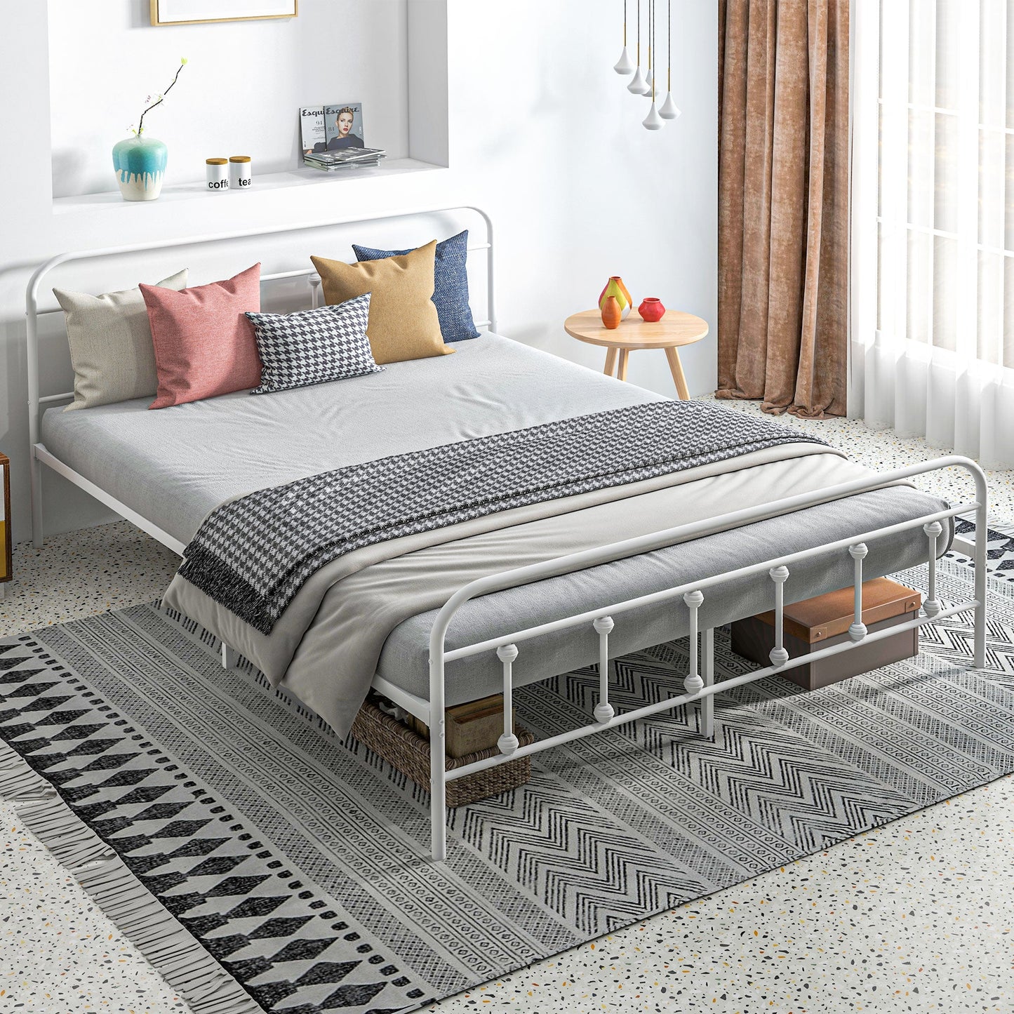 HOMCOM 5ft King Bed Frame with Underbed Storage, Metal Platform Bed frame with Tall Headboard, Footboard and Steel Slat Support, No Box Spring Needed, Easy Assembly, White