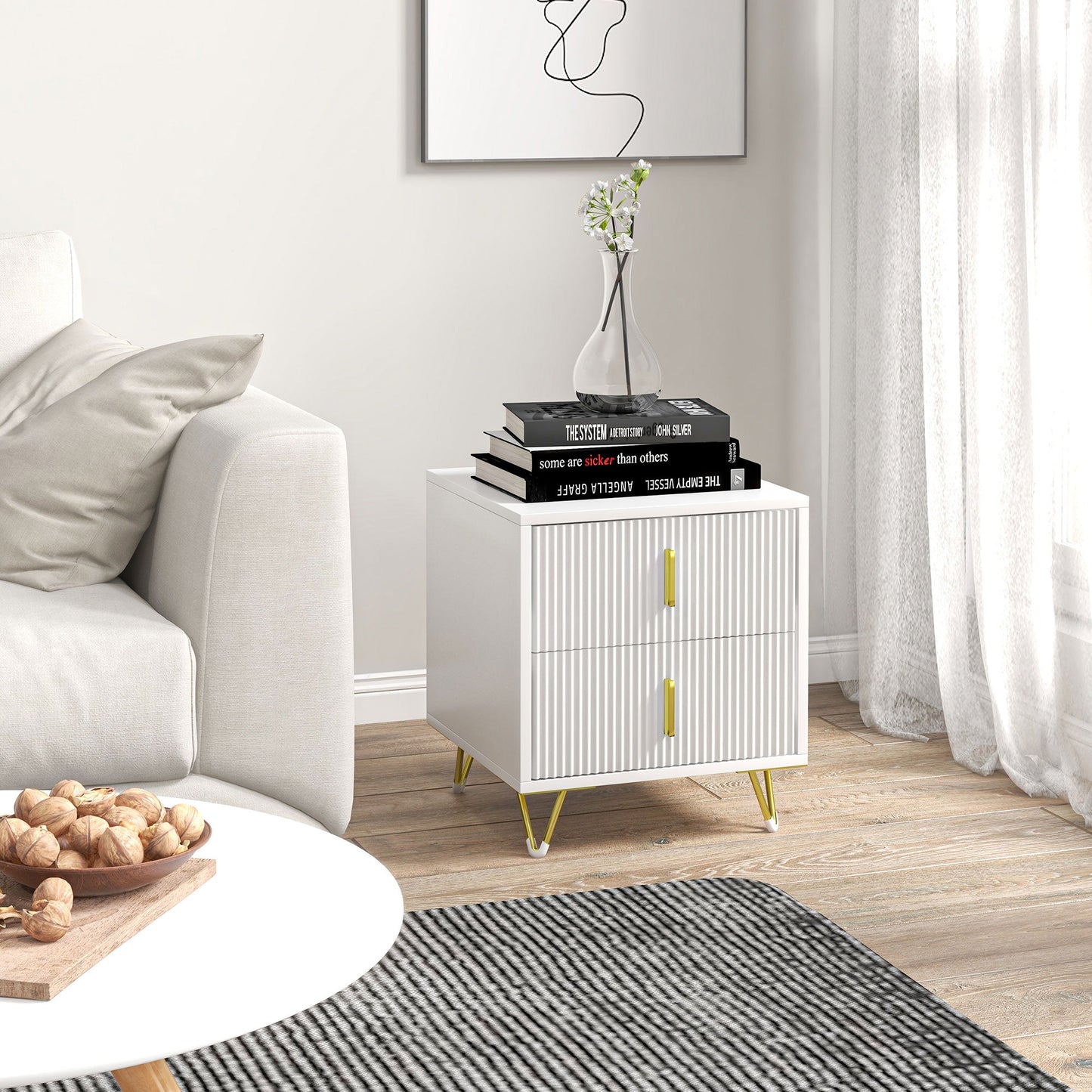 HOMCOM Modern 2 Drawer Dresser, Fluted Bedroom Dresser Chest of Drawers with Metal Legs and Steel Handles for Bedroom, White