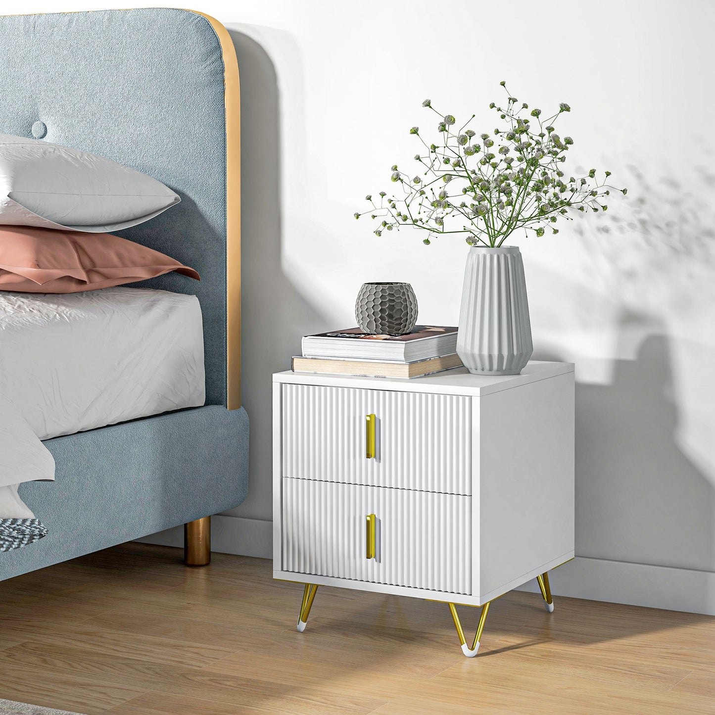 HOMCOM Modern 2 Drawer Dresser, Fluted Bedroom Dresser Chest of Drawers with Metal Legs and Steel Handles for Bedroom, White