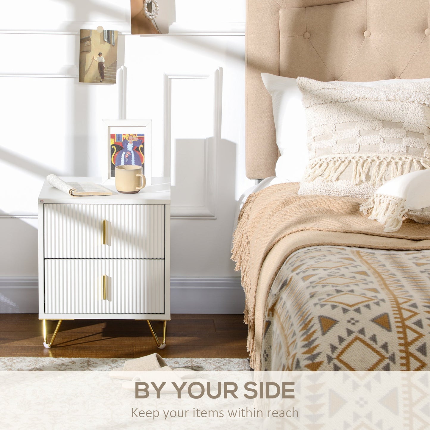 HOMCOM Modern 2 Drawer Dresser, Fluted Bedroom Dresser Chest of Drawers with Metal Legs and Steel Handles for Bedroom, White