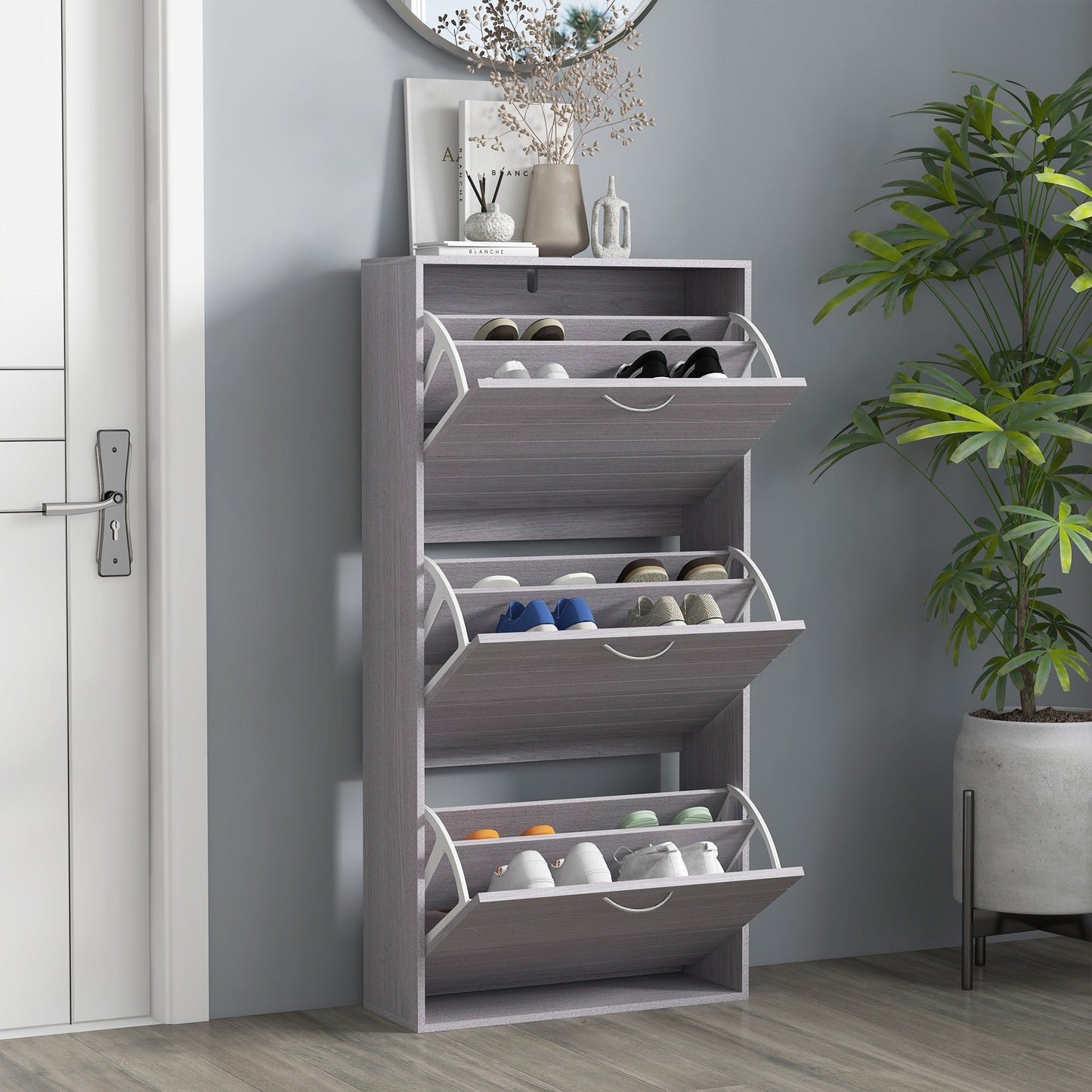 HOMCOM Narrow Shoe Cabinet, Slim Shoe Storage Cabinet with 3 Flip Drawers, 12 Pair of Shoes Organizer Hallway Entryway, Grey