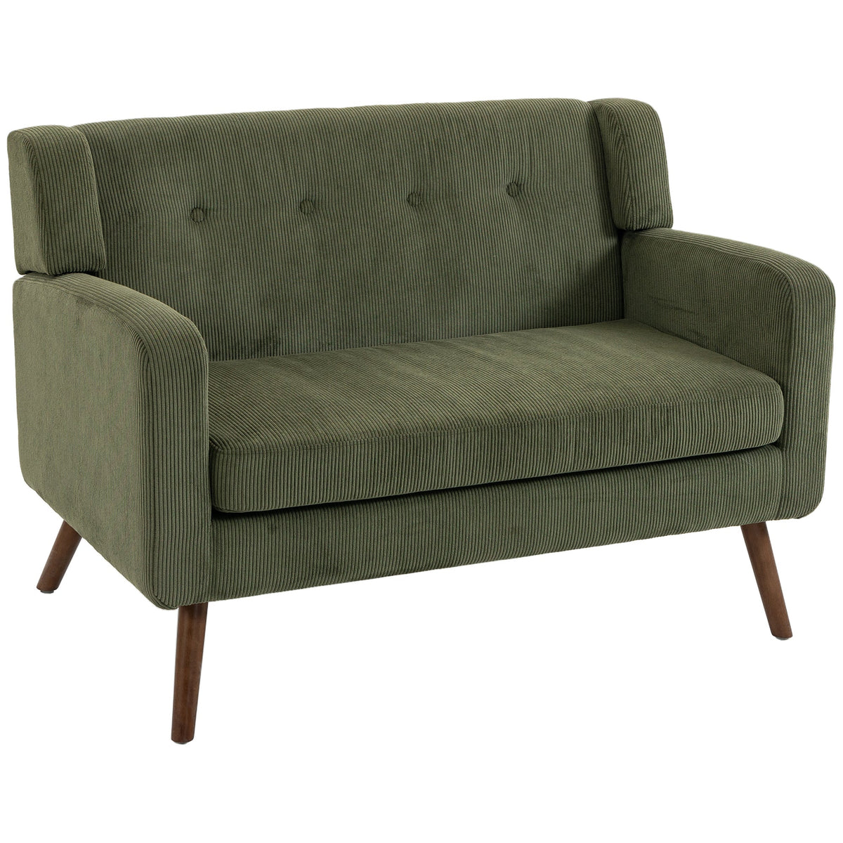 2 Seater Sofa, 118 cm Corduroy Small Sofa with Spring Cushion, Compact Tufted Loveseat Sofa Settee with Wooden Legs for Small Space, Living Room, Bedroom, Home Office, Dark Green