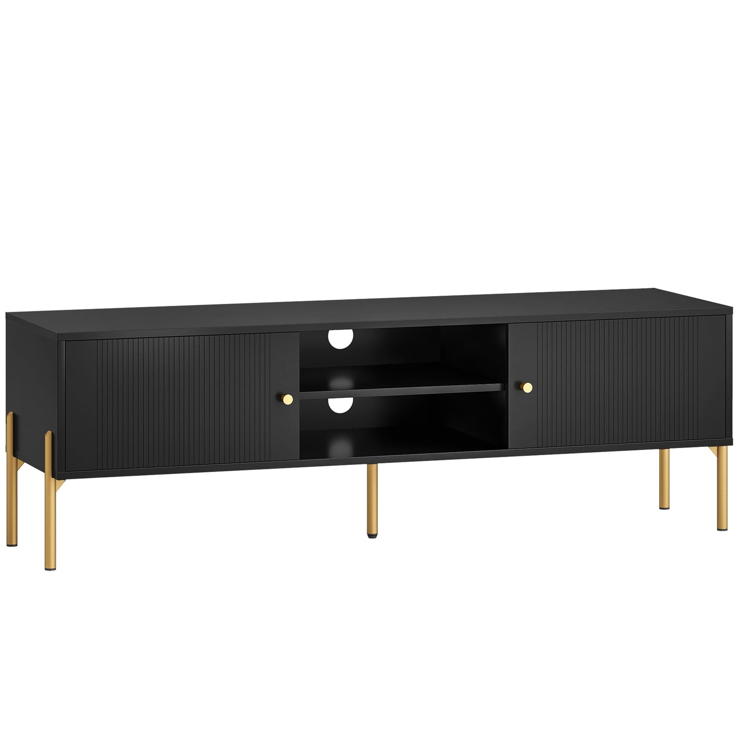 TV Stand for Television up to 65 Inch, Modern Entertainment Center with 2 Open Shelves, 2 Cabinets and 5 Steel Legs, TV Console with 2 Cable Holes for Living Room, Black