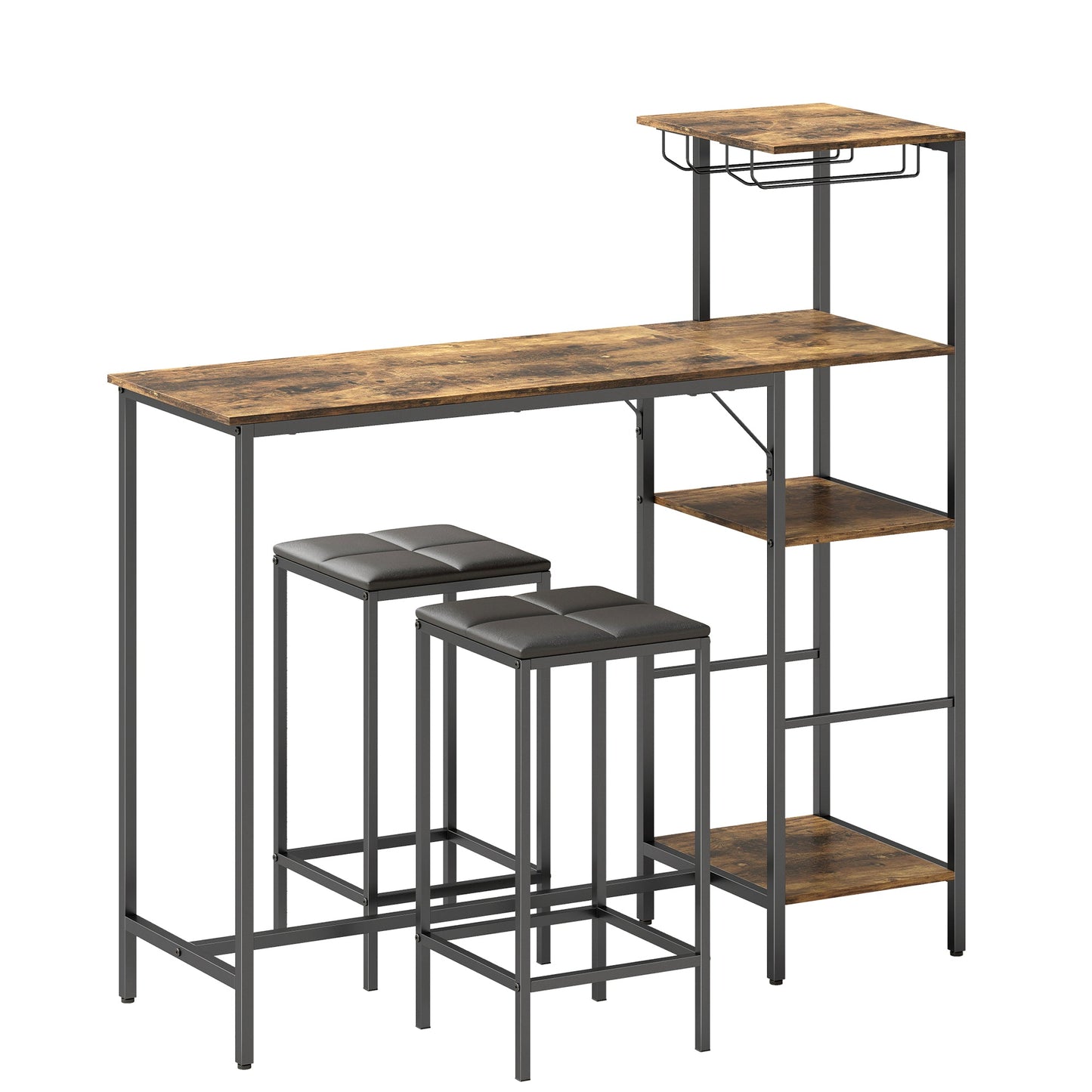 3 Piece Breakfast Bar Table and Stools Set, Dining Table with 4-tier shelving and Glasses Holders, 2 PU Leather Bar Stools with Footrest for Kitchen, Dining Room, Pub, Rustic Brown