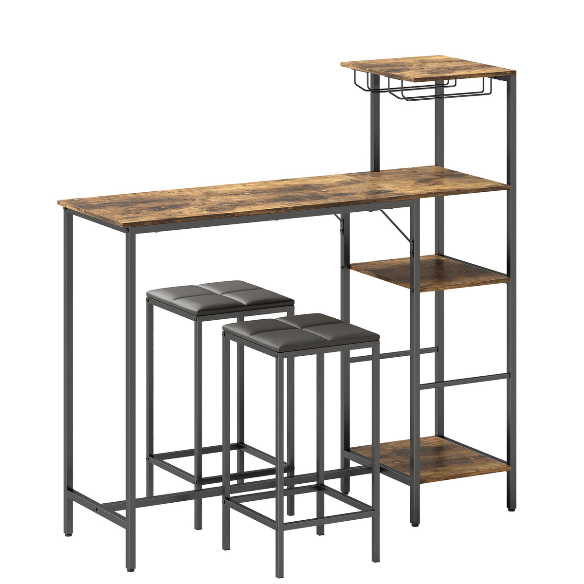 3 Piece Breakfast Bar Table and Stools Set, Dining Table with 4-tier shelving and Glasses Holders, 2 PU Leather Bar Stools with Footrest for Kitchen, Dining Room, Pub, Rustic Brown