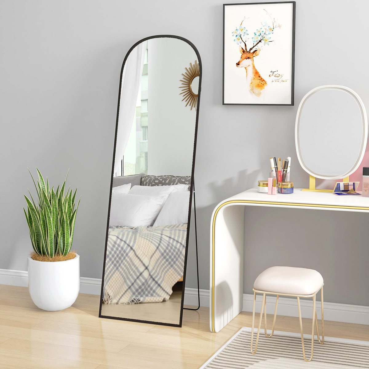 HOMCOM Full Length Mirror, 162x50cm Arched Free Standing Floor Mirror with Aluminium Alloy Frame, Hanging or Leaning for Living Room, Bedroom, Black Frame
