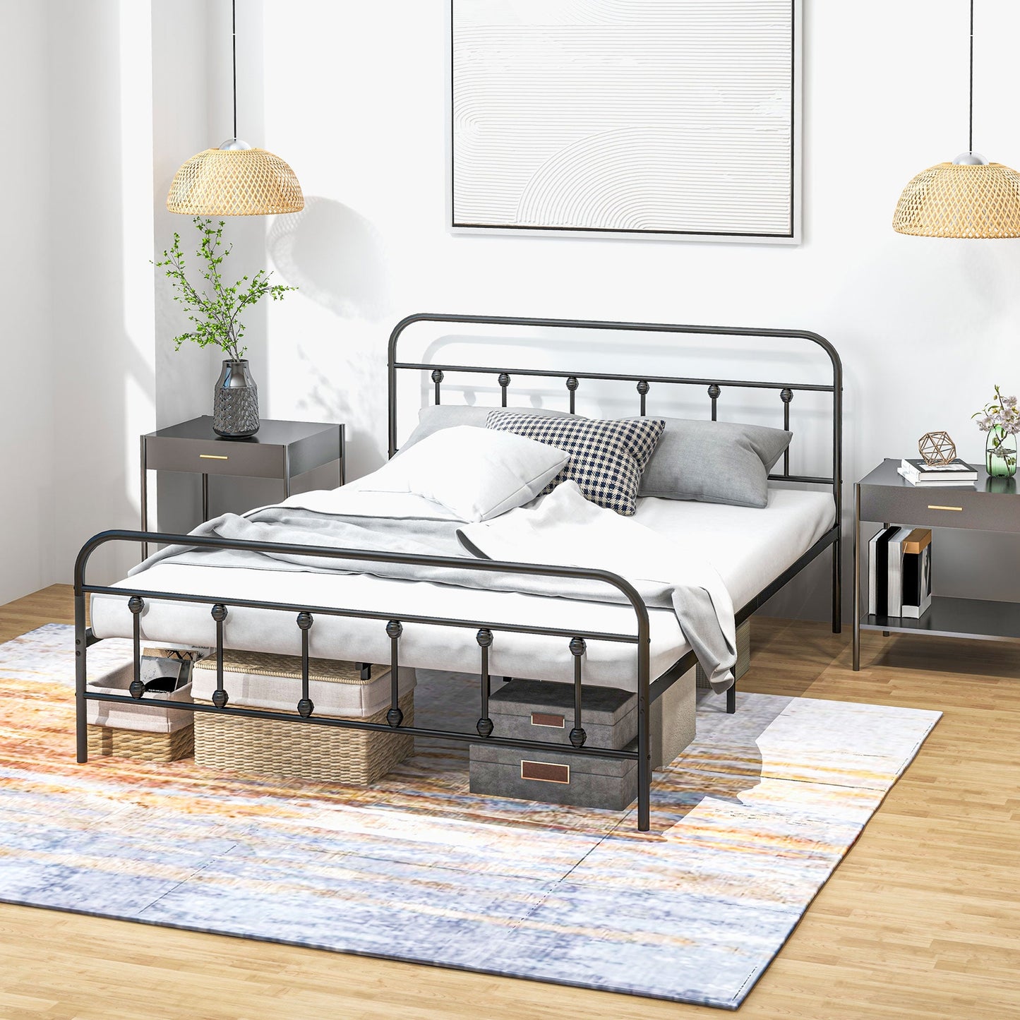 HOMCOM 5ft King Bed Frame with Underbed Storage, Metal Platform Bed frame with Tall Headboard, Footboard and Steel Slat Support, No Box Spring Needed, Easy Assembly, Black