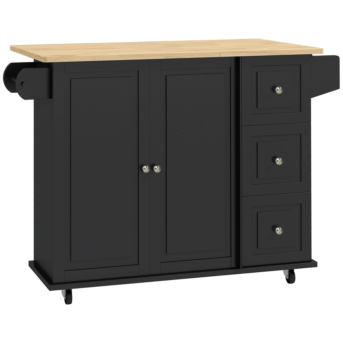 Kitchen Island with Drop Leaf, Rolling Kitchen Storage Trolley on Wheels with 3 Drawers, Spice Rack and Towel Rack, Storage Cart with Rubber Wood Top, Black
