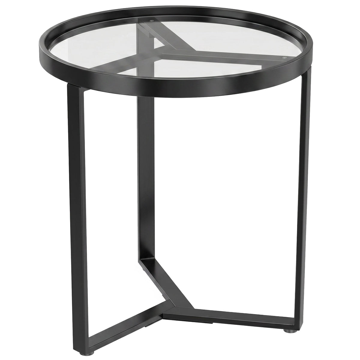 Round Side Table with Tempered Glass Top, Modern End Table with Geometric Metal Frame for Small Space, Living Room and Bedroom, Black