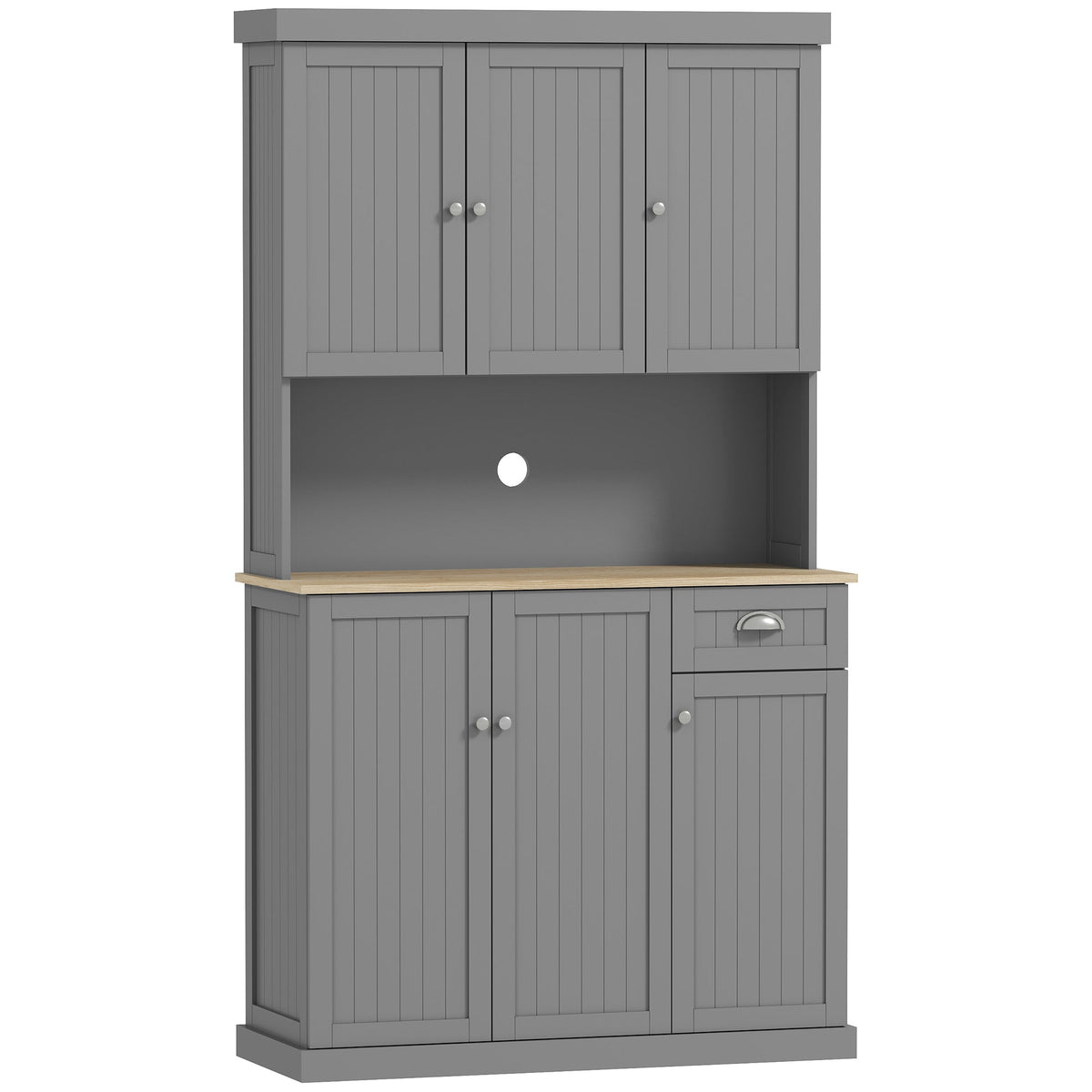 180cm Kitchen Cupboard with 6 Doors, Modern Kitchen Storage Cabinet with Microwave Oven Countertop, Drawer, Adjustable Shelves and Cable Hole, Grey