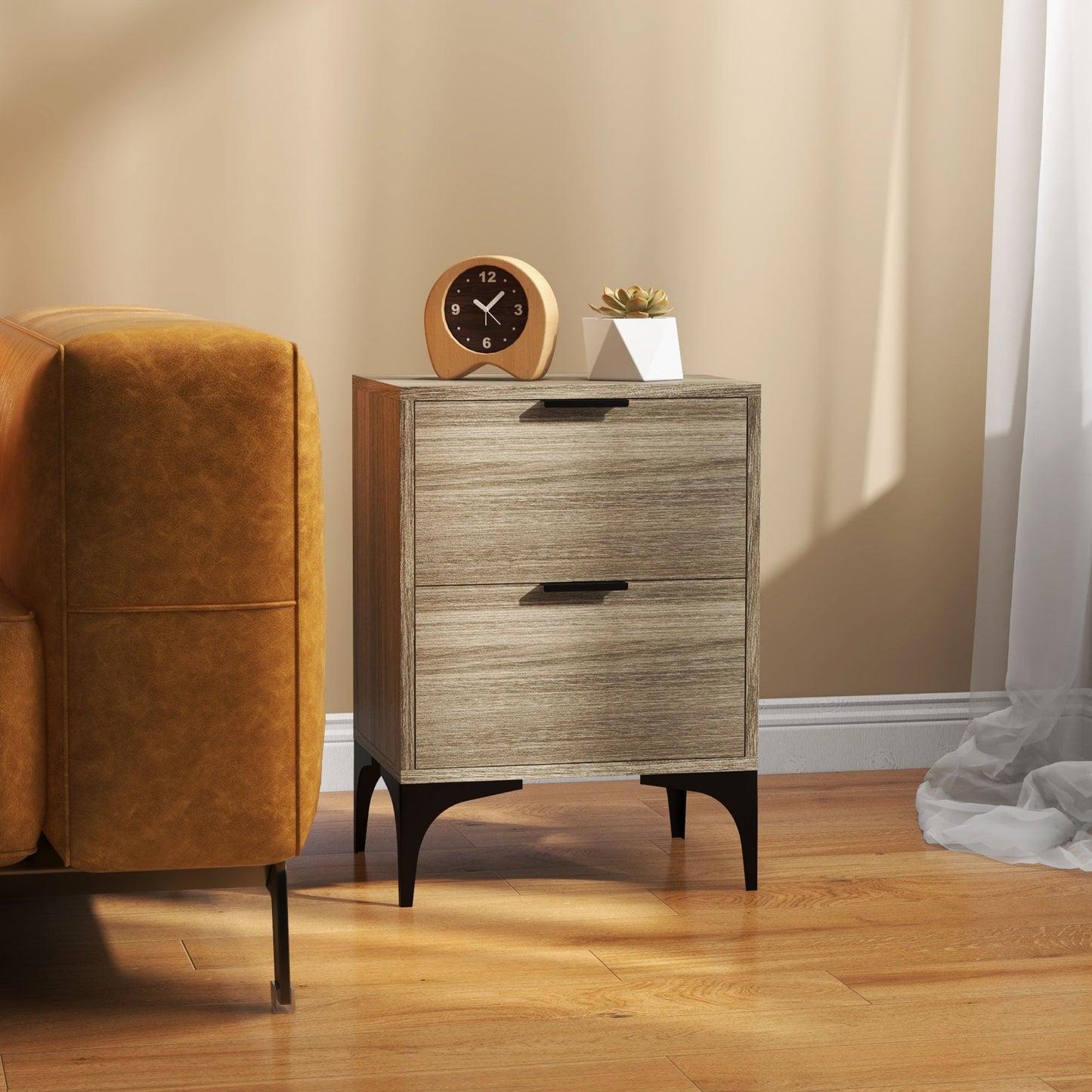 HOMCOM Bedside Tables Set of 2, Modern Nightstand with 2 Drawers, Small Sofa End Tables with Storage and Steel Legs for Bedroom, Living Room, Grey