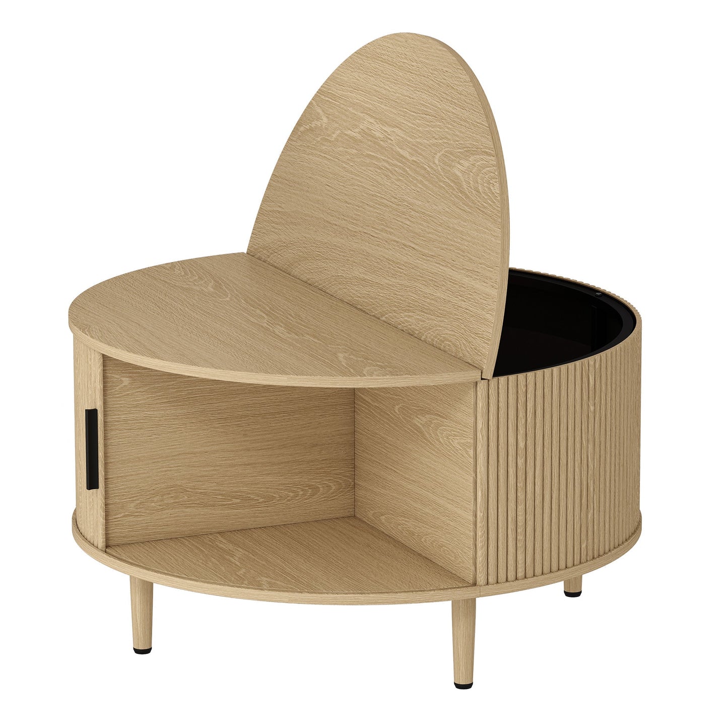 Round Coffee Table with Storage, 80 cm Modern Centre Table with Fluted Sliding Cabinet Door and Lift Top, Wood Circle Drum Table for Living Room, Natural Wood