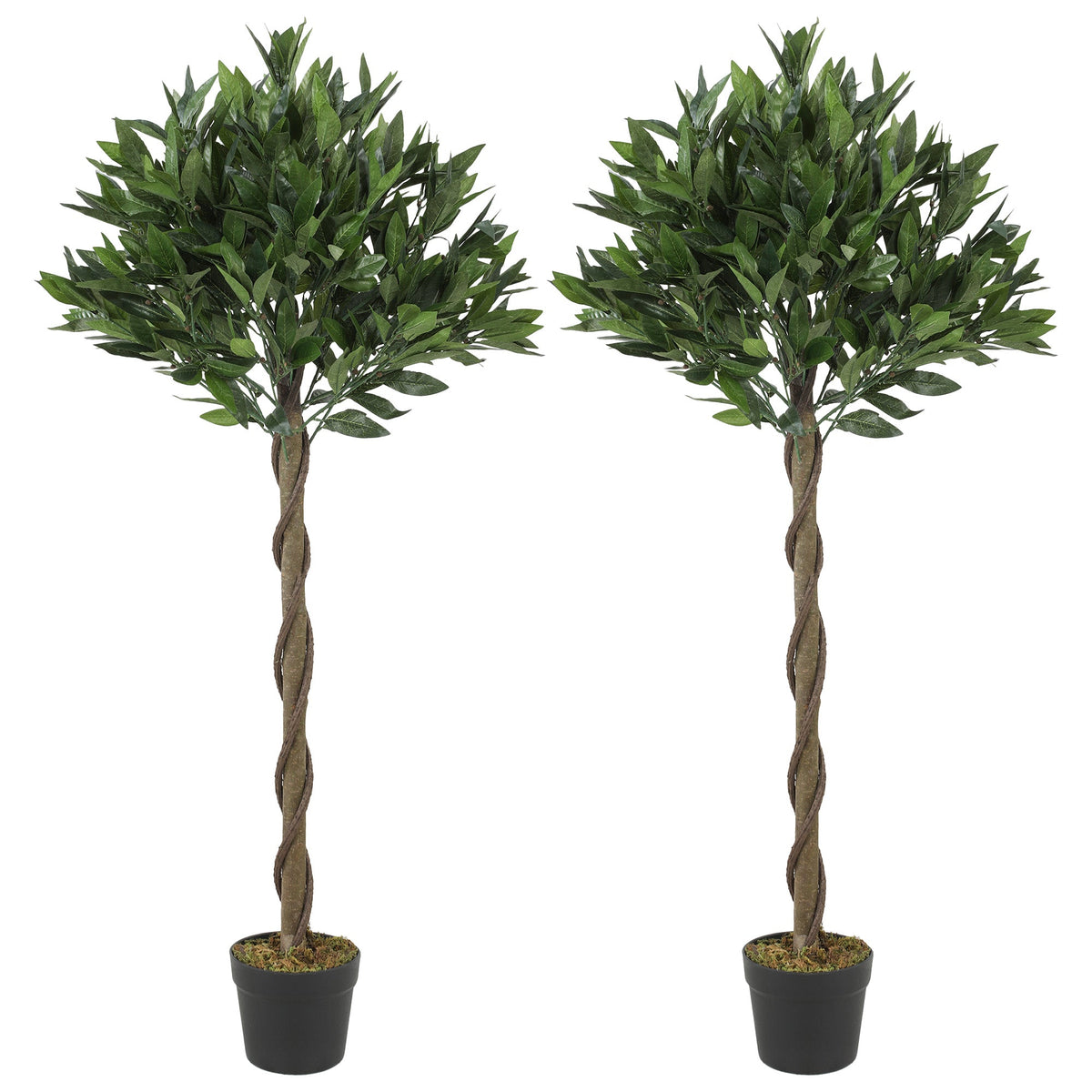 Artificial Bay Laurel Topiary Trees with Twisted Trunk, Realistic Lush Topiary Ball Tree with Weighted Pot, 120cm Indoor Greenery Plant for Home Office Garden Decor, Set of 2, Green