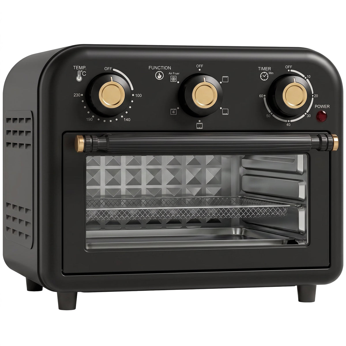Air Fryer Toaster Oven, 12 L Small Convection Countertop Oven with Knob Controls, Baking Tray and Fry Basket, Adjustable Temperature, Timer, Dishwasher Safe, 1200W, Steel, Black