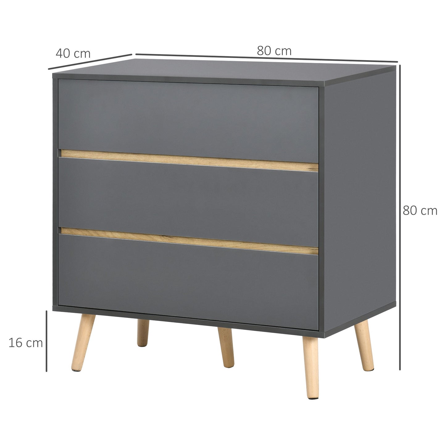 HOMCOM Chest of Drawers, 3-Drawer Storage Cabinet Organiser with Wood Legs for Bedroom, Living Room, Dark Grey