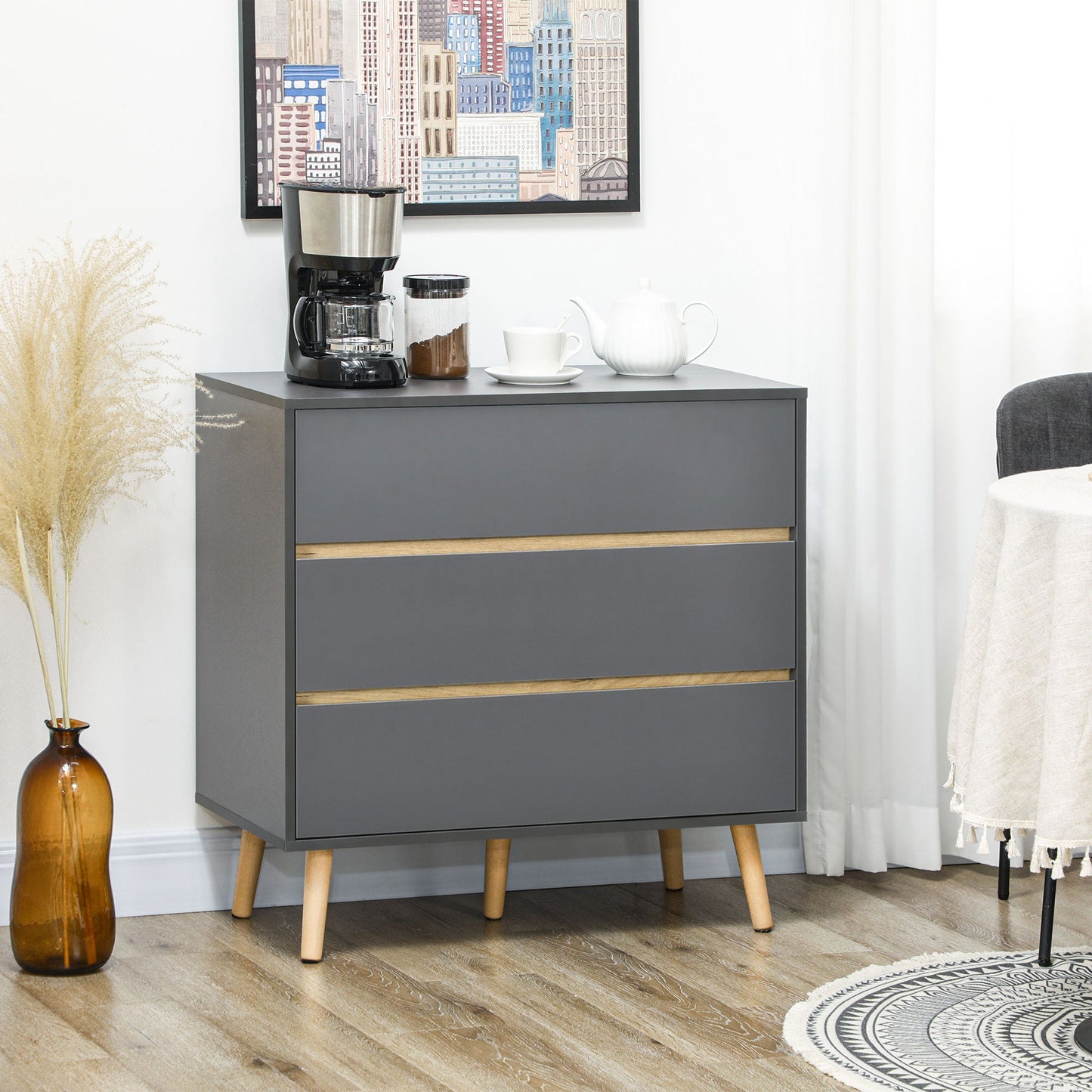 HOMCOM Chest of Drawers, 3-Drawer Storage Cabinet Organiser with Wood Legs for Bedroom, Living Room, Dark Grey