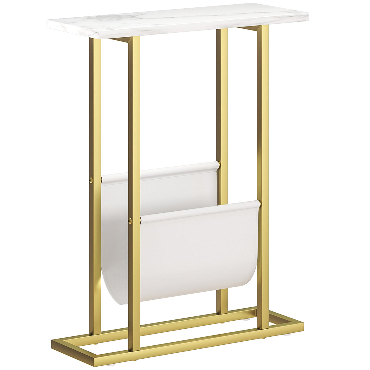 Narrow Side Table, Slim End Table with Magazine Holder, Modern Nightstand for Small Spaces, Living Room, Bedroom, 45 x 18 x 58.5 cm, White Marble Grain