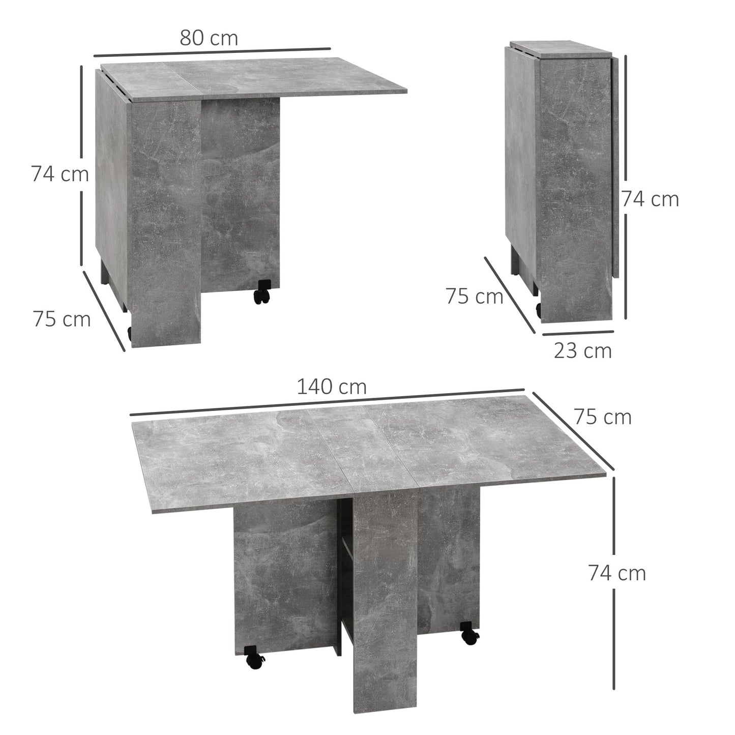 HOMCOM Folding Dining Table, Drop Leaf Table for Small Spaces with 2-tier Shelves, Small Kitchen Table with Rolling Casters, Cement Grey