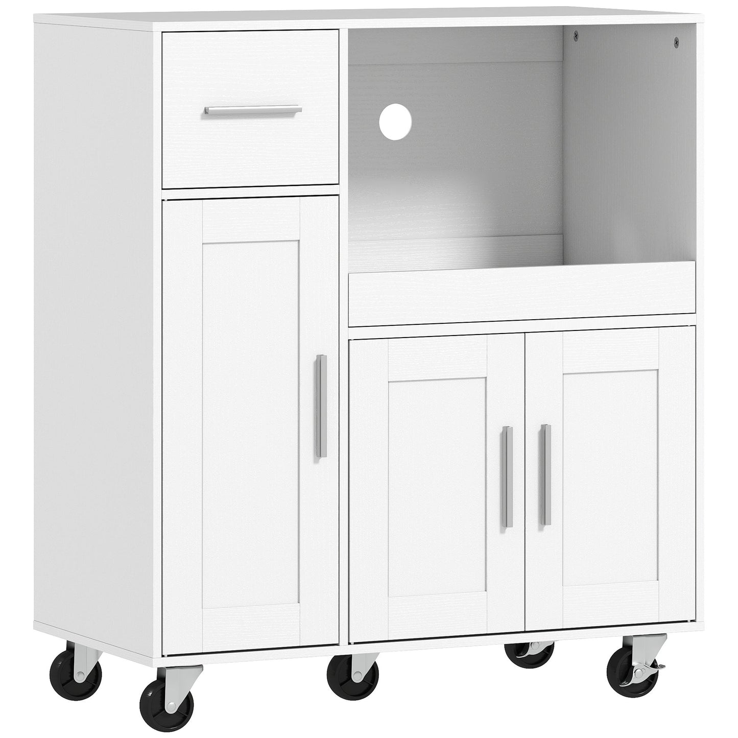 Rolling Kitchen Cart, Microwave Cabinet, Sliding Tray, Drawer, 3-Door Cupboards, Adjustable Shelf, Open Compartment, Kitchen Island, Dining Room, White