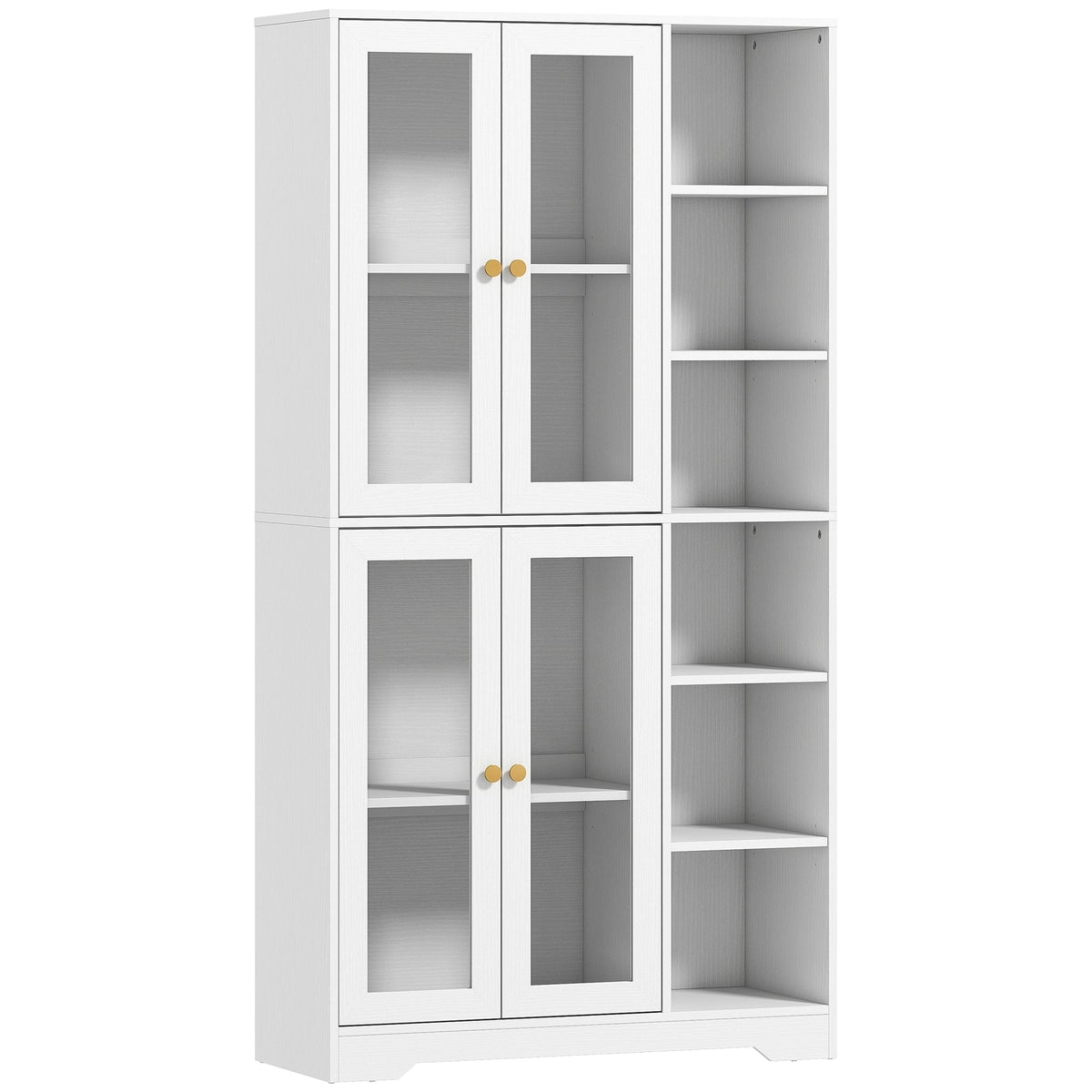 172 cm Tall Kitchen Cupboard, Pantry Storage Cabinet with Tempered Glass Doors and Soft-Close Hinges, Freestanding Kitchen Cabinet with Adjustable Shelves and 6 Open Shelves, White