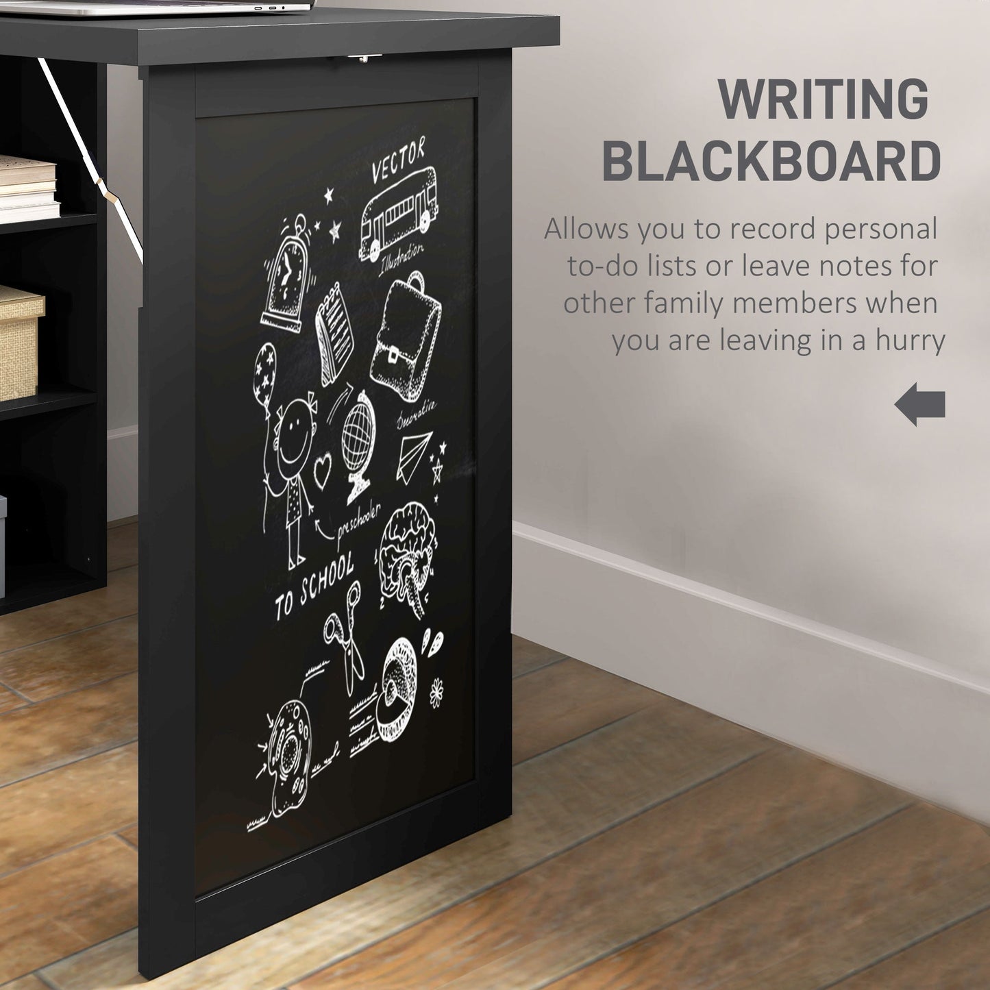 HOMCOM Wall Mounted Computer Desk, Folding Study Table with Black Board and Bookshelf, Multifunctional Floating Writing Desk for Home Office, Black