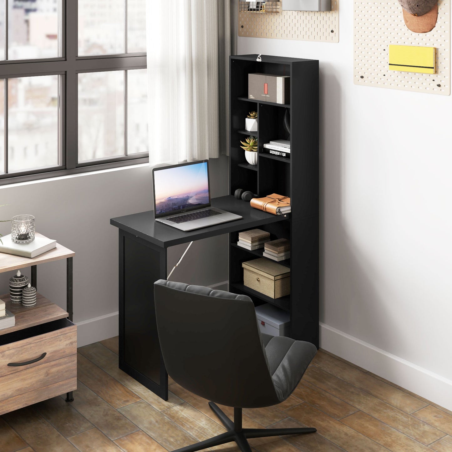 HOMCOM Wall Mounted Computer Desk, Folding Study Table with Black Board and Bookshelf, Multifunctional Floating Writing Desk for Home Office, Black