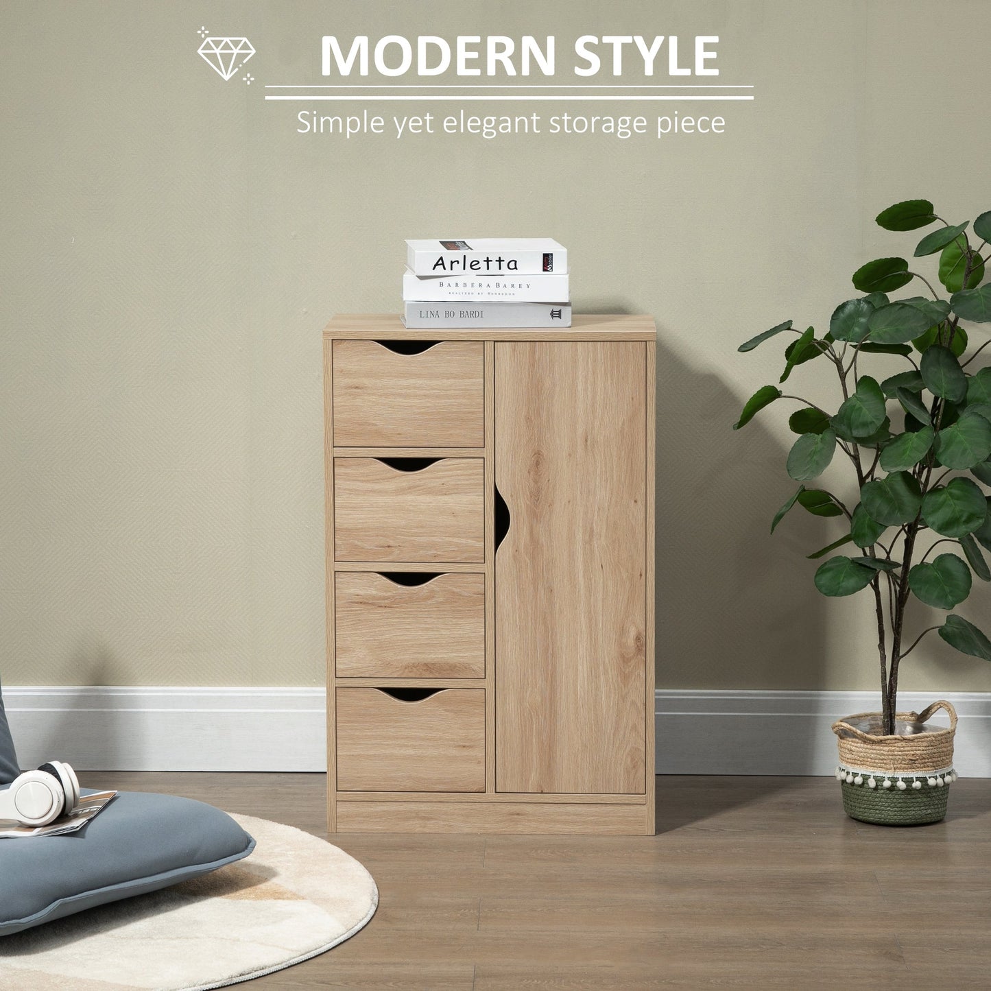 HOMCOM Bathroom Floor Cabinet, Freestanding Storage Unit with 4 Drawers and Door Cupboard for Living Room, Kitchen, Bedroom, Natural