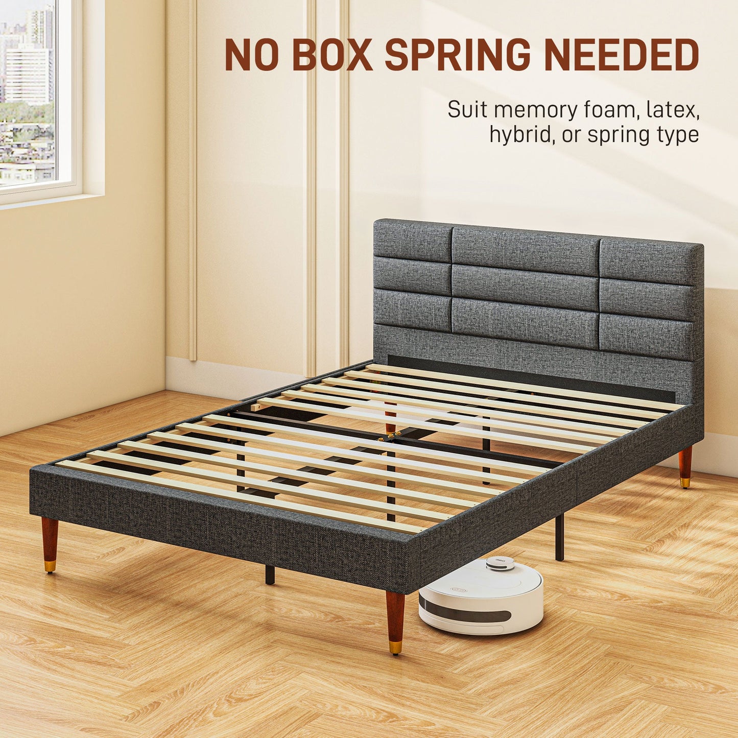 HOMCOM 4ft Double Bed Frame with Underbed Storage, Upholstered Platform Bed Frame with Tufted Headboard and Wood Slat Support, No Box Spring Needed, Easy Assembly, Grey