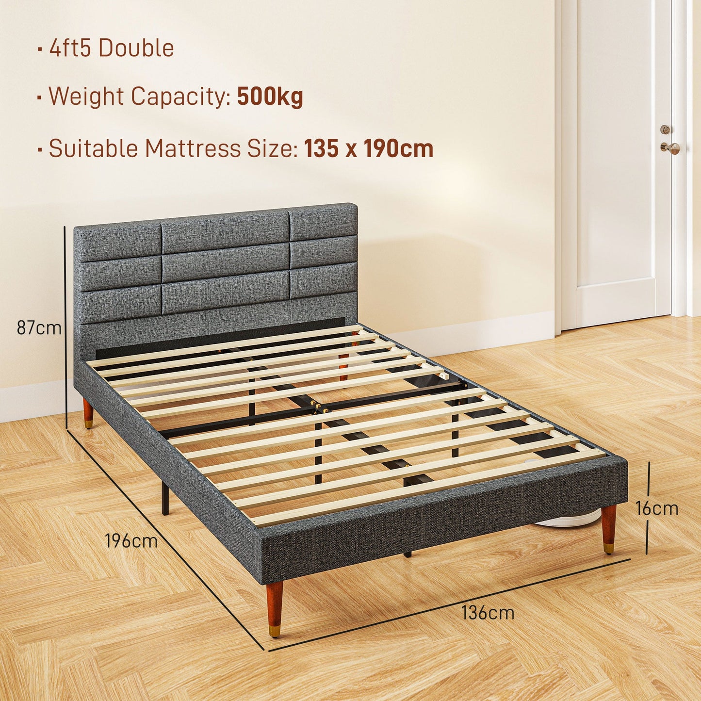 HOMCOM 4ft Double Bed Frame with Underbed Storage, Upholstered Platform Bed Frame with Tufted Headboard and Wood Slat Support, No Box Spring Needed, Easy Assembly, Grey