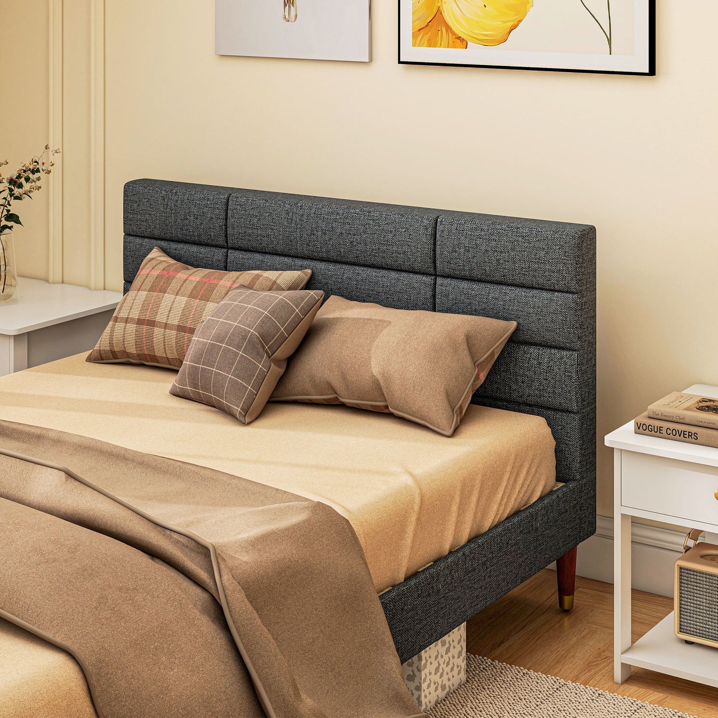 HOMCOM 4ft Double Bed Frame with Underbed Storage, Upholstered Platform Bed Frame with Tufted Headboard and Wood Slat Support, No Box Spring Needed, Easy Assembly, Grey