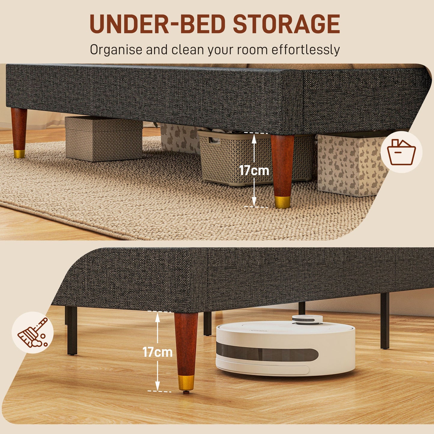 HOMCOM 5ft King Bed Frame with Underbed Storage, Upholstered Platform Bed Frame with Tufted Headboard and Wood Slat Support, No Box Spring Needed, Easy Assembly, Grey