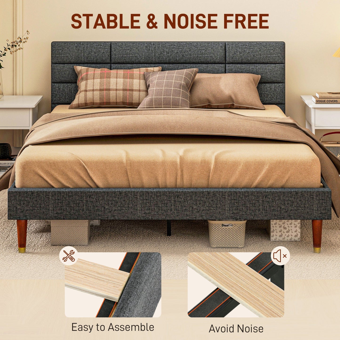 HOMCOM 5ft King Bed Frame with Underbed Storage, Upholstered Platform Bed Frame with Tufted Headboard and Wood Slat Support, No Box Spring Needed, Easy Assembly, Grey