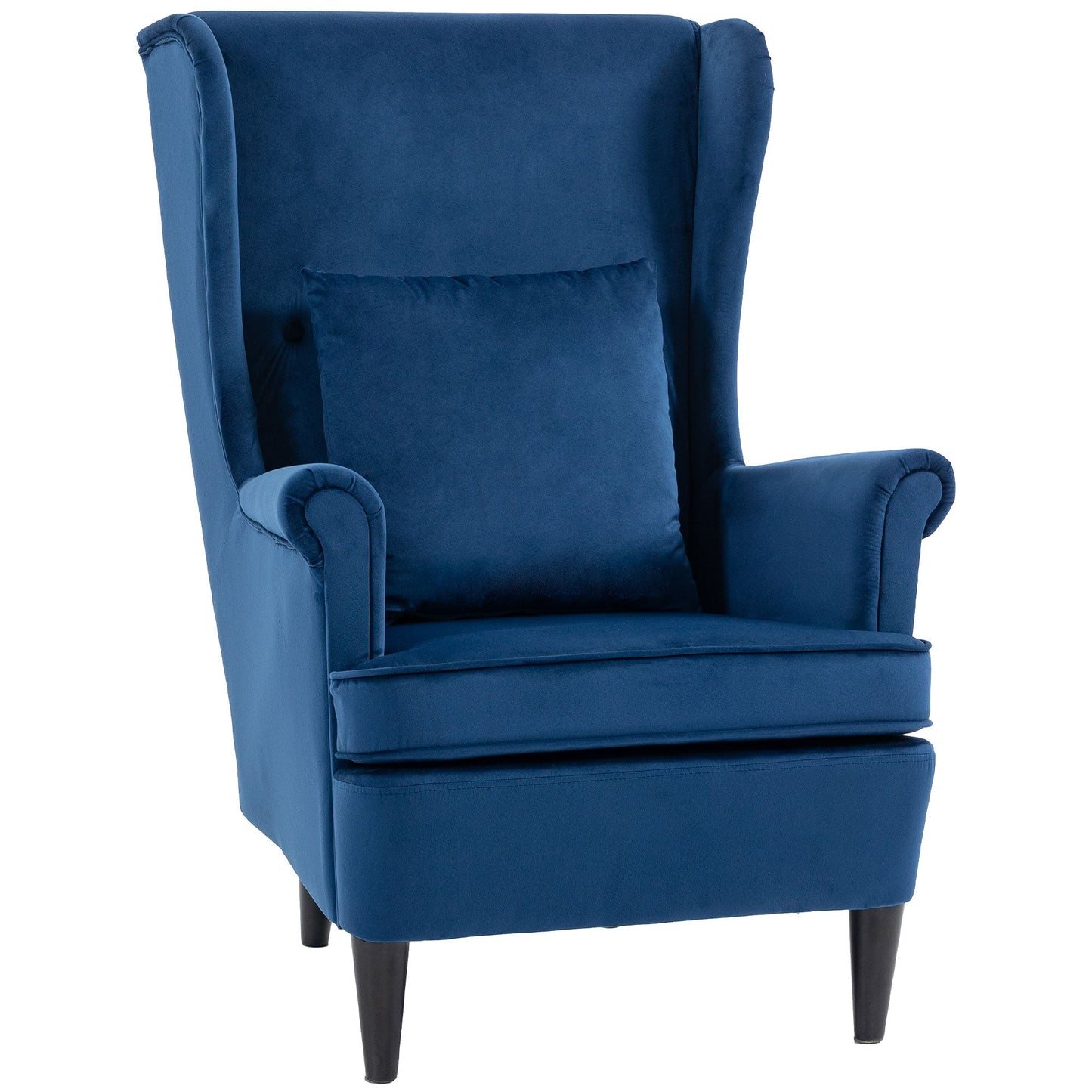 Modern Accent Chair, Upholstered Wingback Armchair with High Backrest and Pillow, Velvet-Feel Fabric Reading Chair with Solid Wood Legs for Living Room, Bedroom, Home Office, Blue