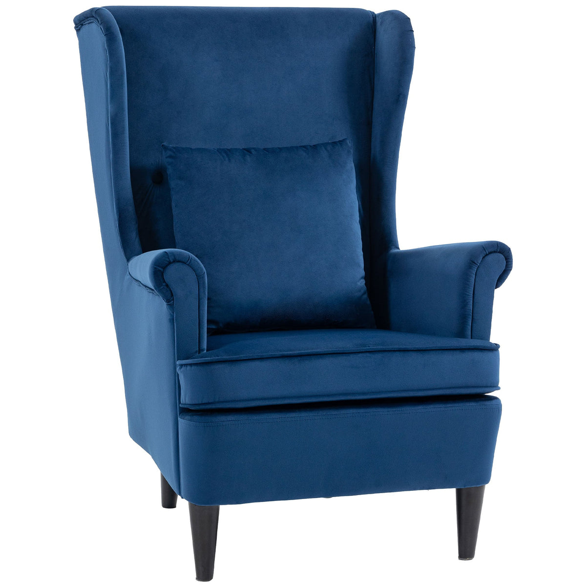 Modern Accent Chair, Upholstered Wingback Armchair with High Backrest and Pillow, Velvet-Feel Fabric Reading Chair with Solid Wood Legs for Living Room, Bedroom, Home Office, Blue