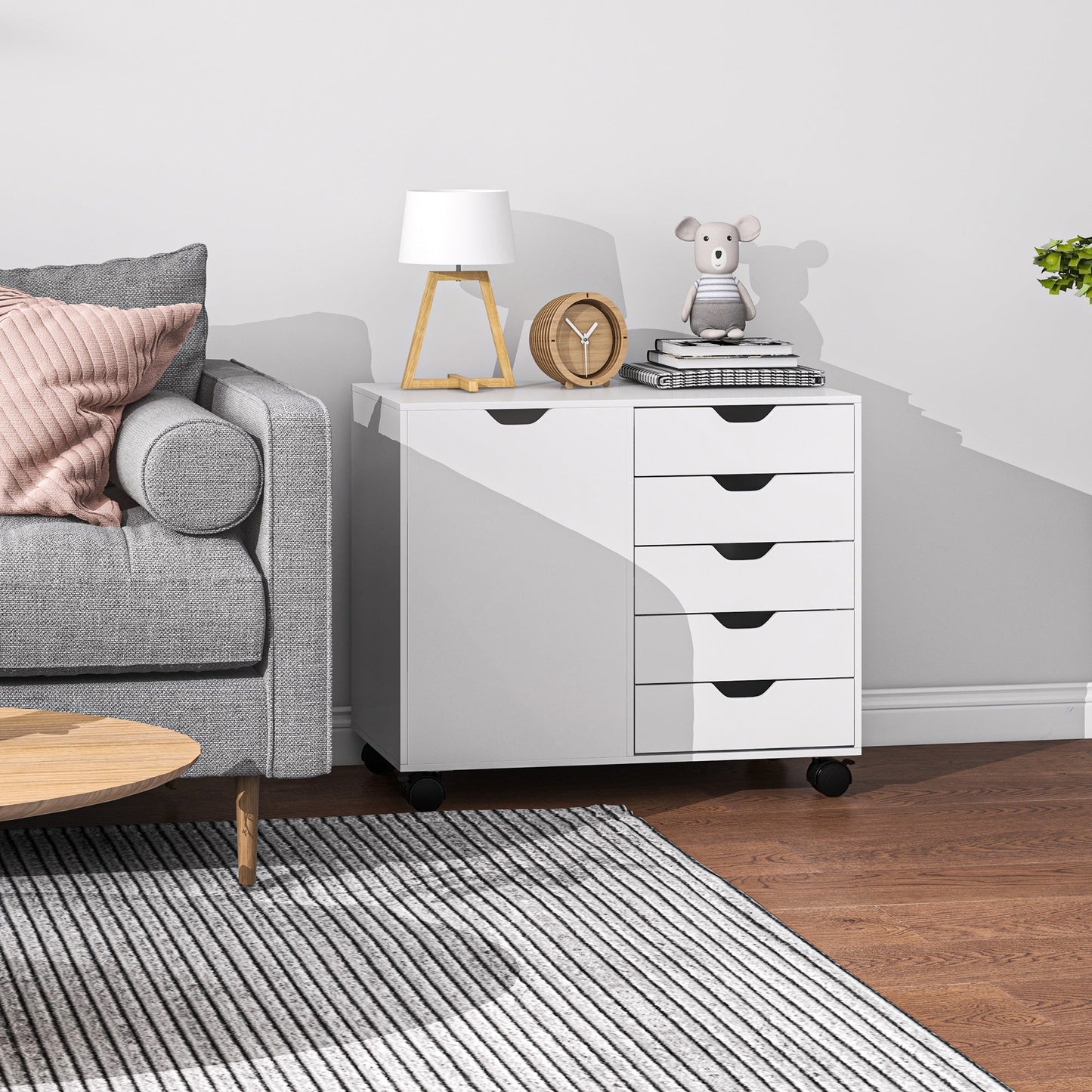 HOMCOM Lateral Office Storage Cabinet on Wheels, 5-Drawers Cabinet with Door and Adjustable Shelf for Home Office, White