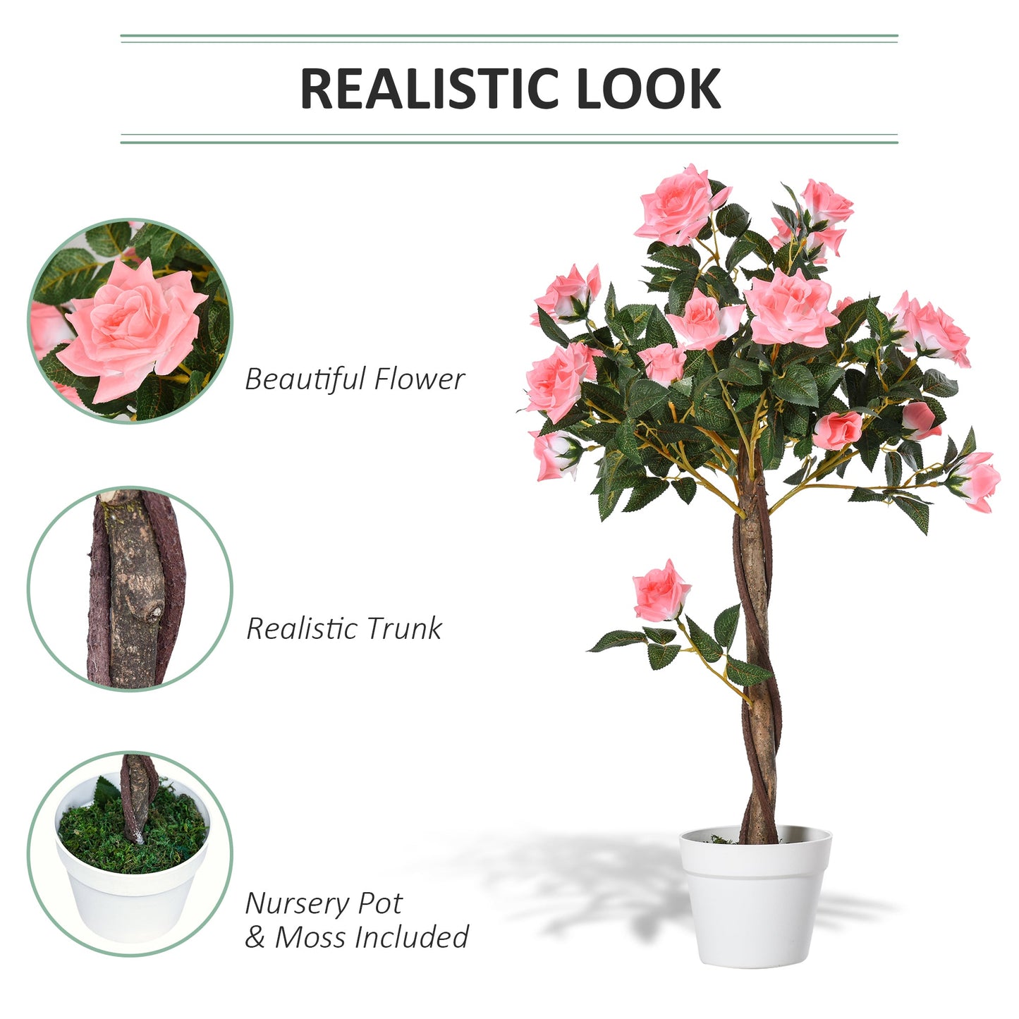 Outsunny 90cm/3FT Artificial Rose Tree, Fake Decorative Plant with Pot, Indoor Outdoor Faux Decoration Home Office Décor, Pink