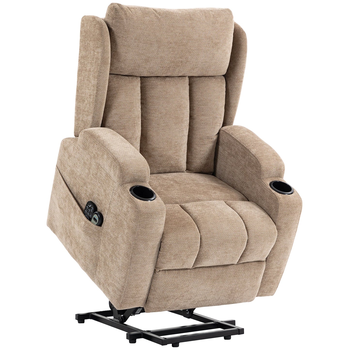Power Lift Recliner Chair with Vibration Massage and Heat, Chenille Riser and Recliner Armchair for Elderly with Folding Headrest, Spring Cushion, Wide and High Back, Cup Holders, Remote, Brown