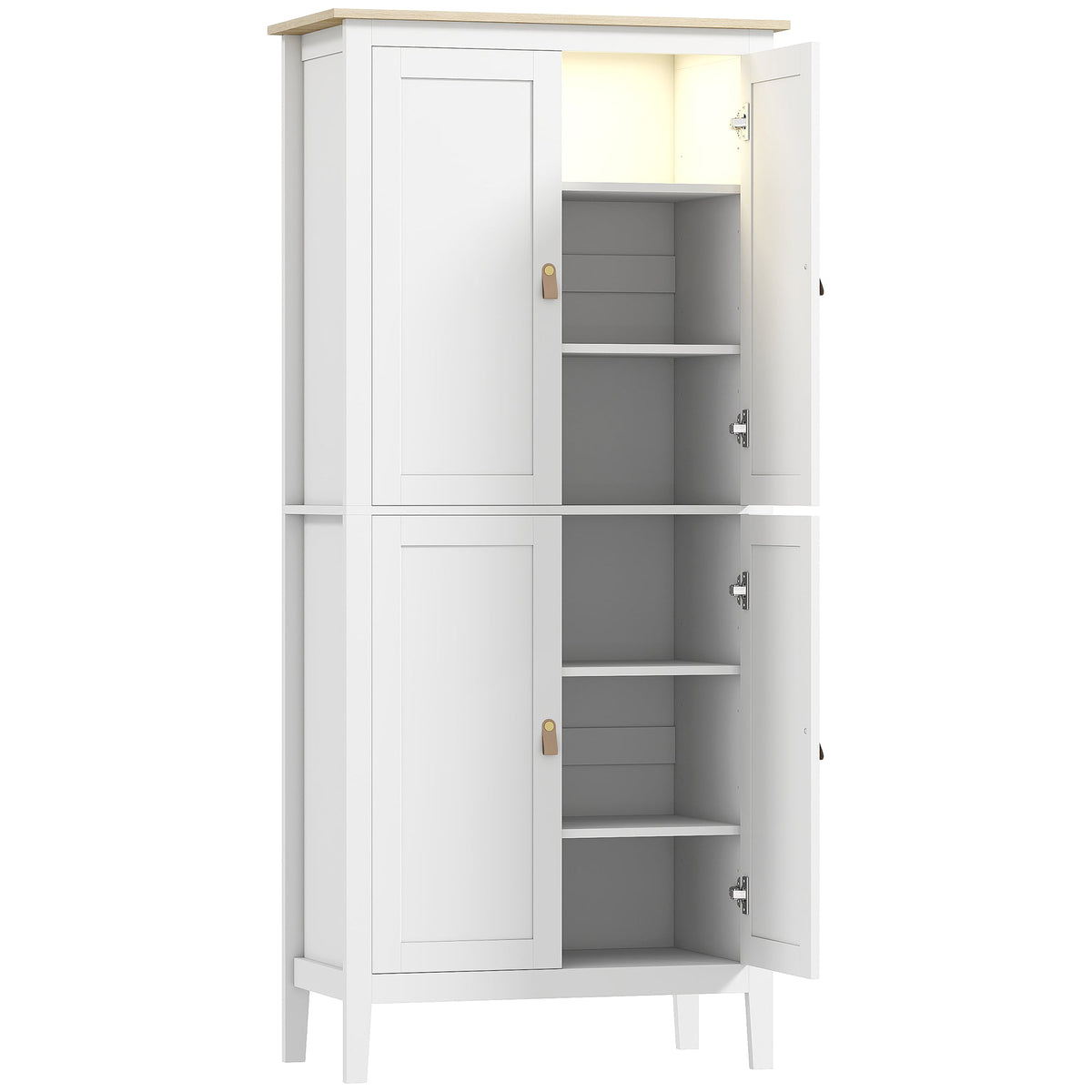 Tall Kitchen Cupboard with Motion Sensor LED Light, 3-Colour Dimmable Lighting, 177 cm Freestanding Storage Cabinet with Doors and Adjustable Shelves, White