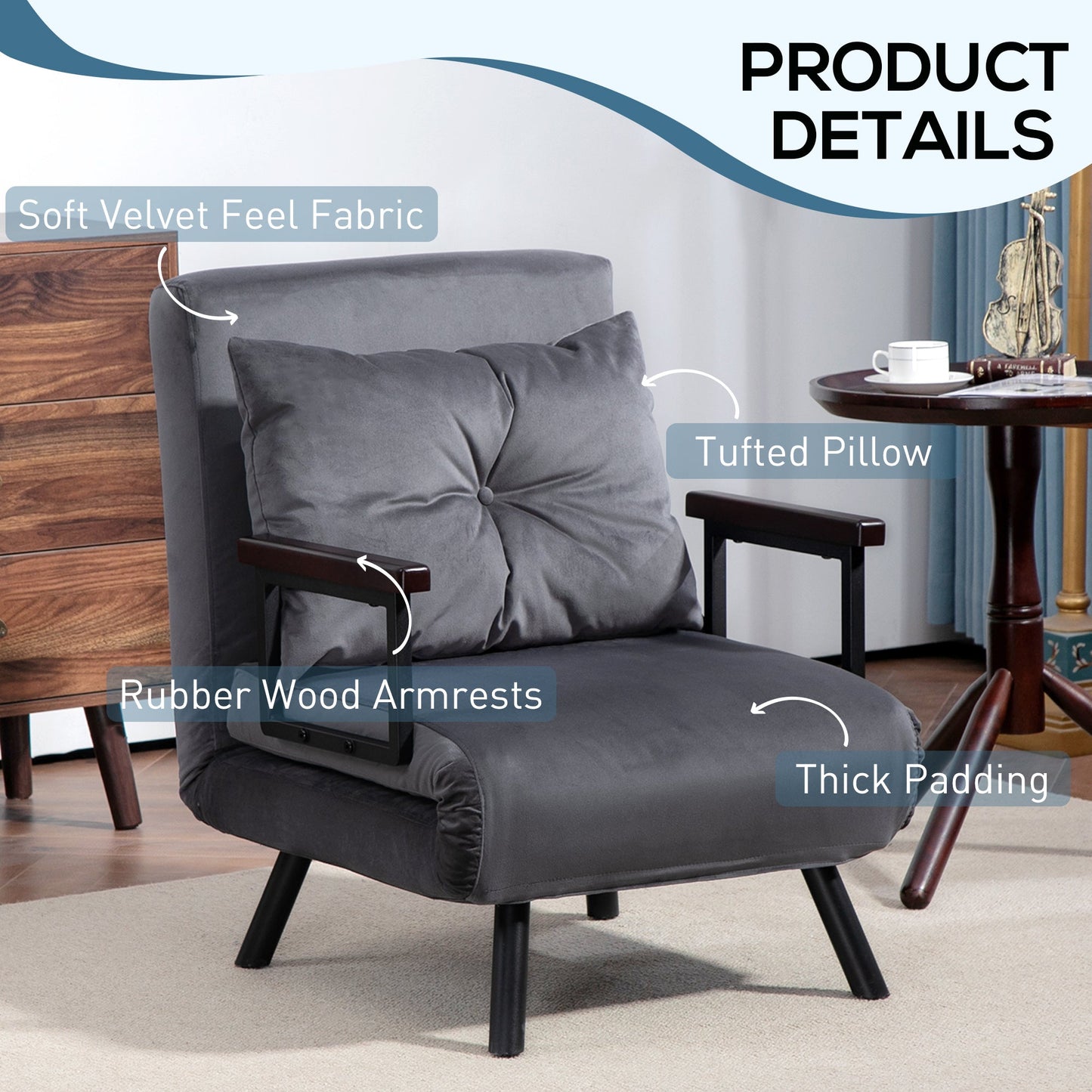 HOMCOM Single Chair Bed, Click Clack Convertible Bed Settee, Modern Velvet Feel Fabric Chair Couch with 1 Tufted Cushion, Wood Armrests, for Living Room, Bedroom, Guest Room, Charcoal Grey