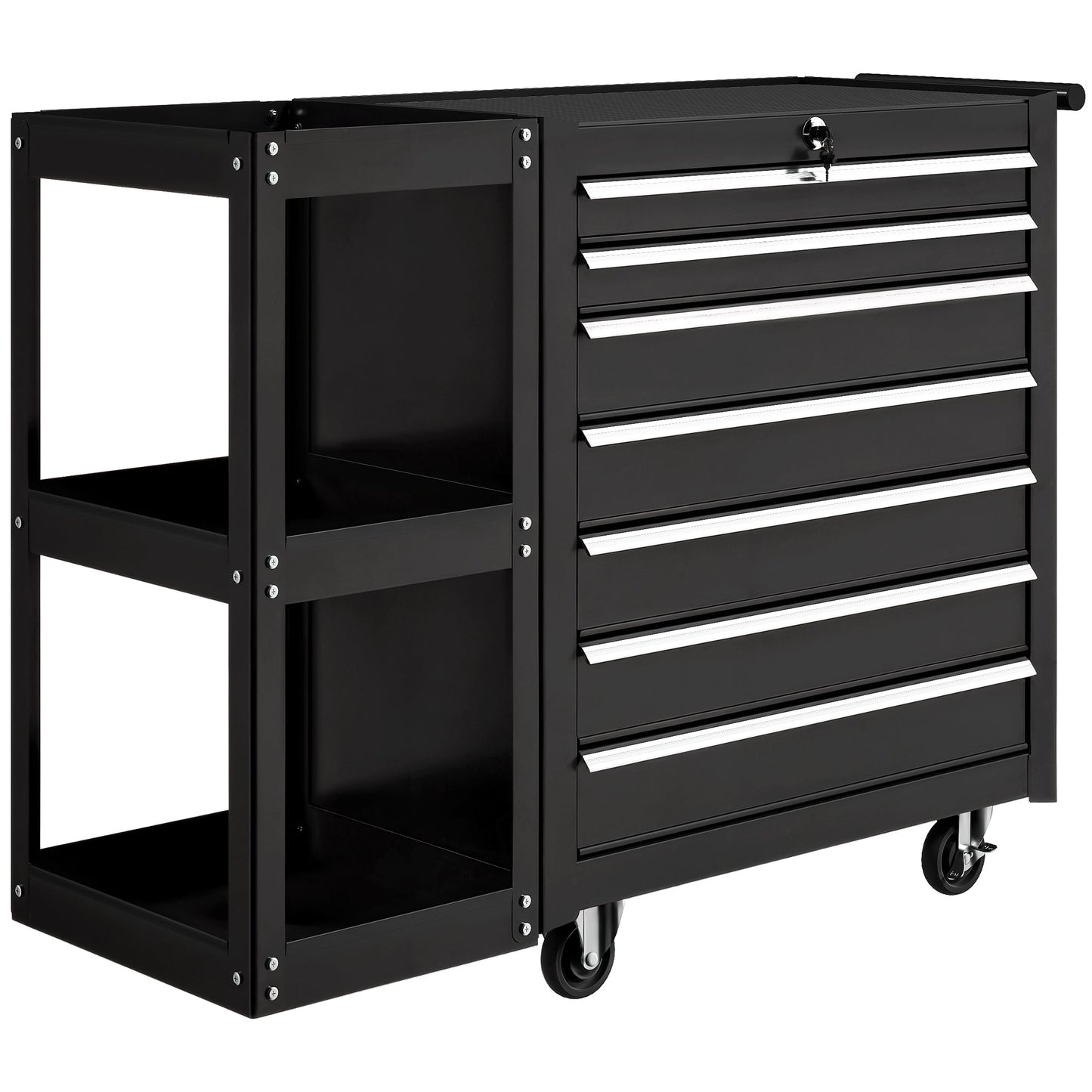 7 Drawer Tool Box, Lockable Steel Tool Chest on Wheels, Rolling Tool Cabinet with 7 Drawers and Handle for Workshop, Garage, Black