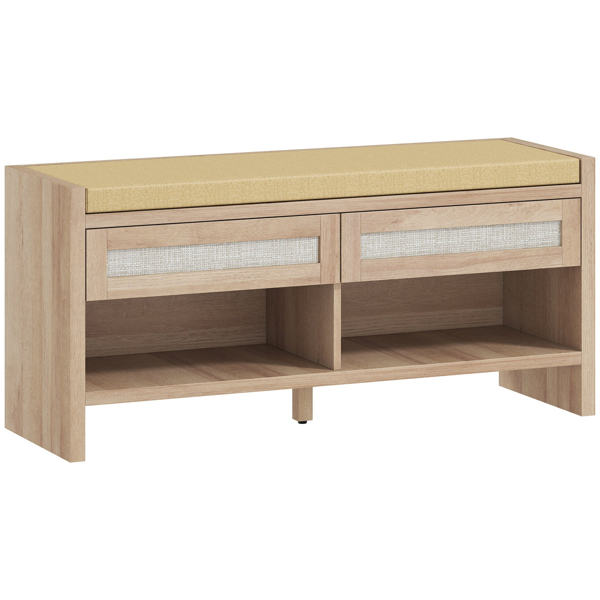 Shoe Bench with 2 Rattan Drawers, Boho Shoe Storage Bench with Linen-Look Cushioned Seat and Open Shelf, for Entryway, Living Room, Bedroom, 105 x 35 x 50 cm, Oak Wood Effect