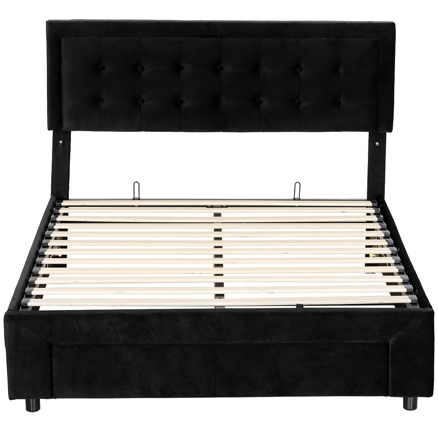 Upholstered Bed Frame with Storage Drawer and Adjustable Headboard, 5ft King Size Ottoman Bed with Gas Lift End Opening, Wooden Slats, No Mattress, Black