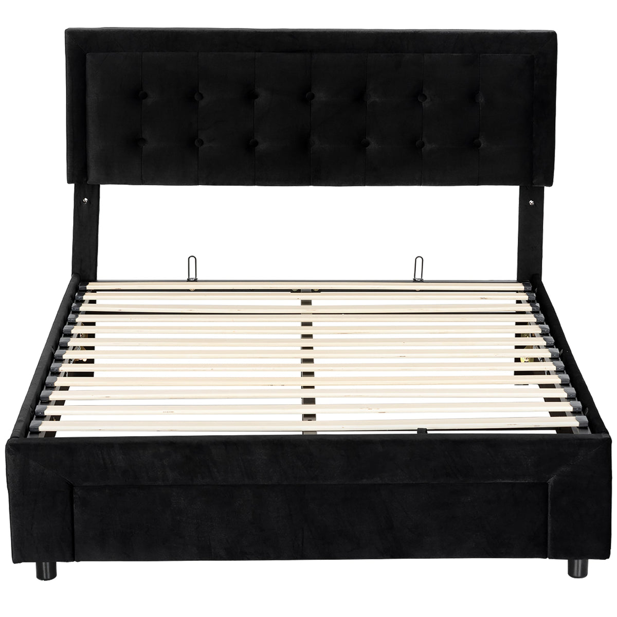 Upholstered Bed Frame with Storage Drawer and Adjustable Headboard, 5ft King Size Ottoman Bed with Gas Lift End Opening, Wooden Slats, No Mattress, Black