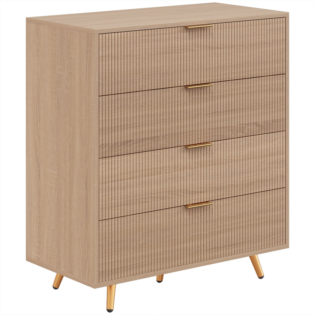Bedroom Chest of Drawers with 4 Drawers, Fluted Dresser with Gold-Tone Handles, Storage Cabinet for Bedroom, Living Room, Hallway, Entryway, Natural