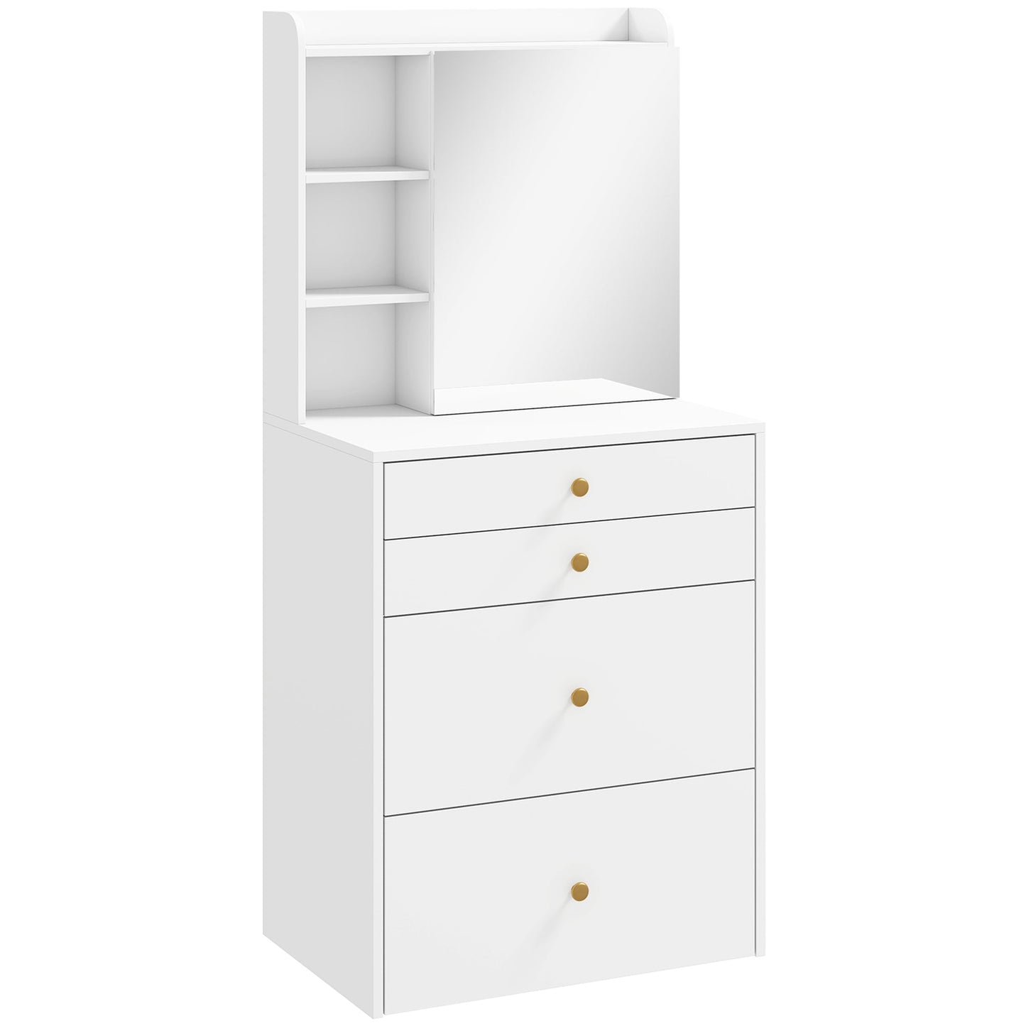 Dressing Table with Mirror and Mobile Storage Stool, Compact Vanity Table with Cabinet, Drawers, Open Shelves, Cushioned Seat, Modern Makeup Vanity Desk for Bedroom, White