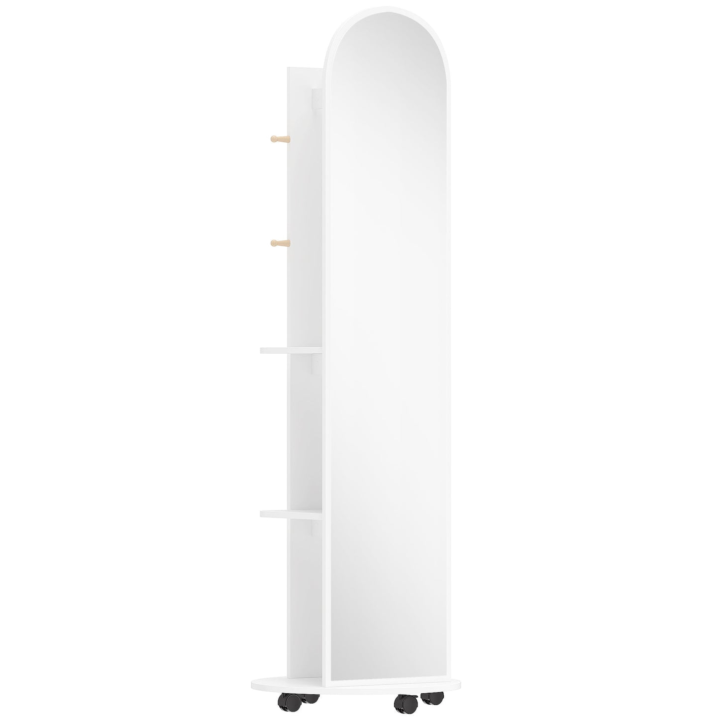 2-in-1 Full Length Mirror with Storage Shelves, Floor Mirror with 4 Universal Wheels, Coat Rack, 4 Hooks, Space-Saving Freestanding Organiser for Bedroom, Living Room, White