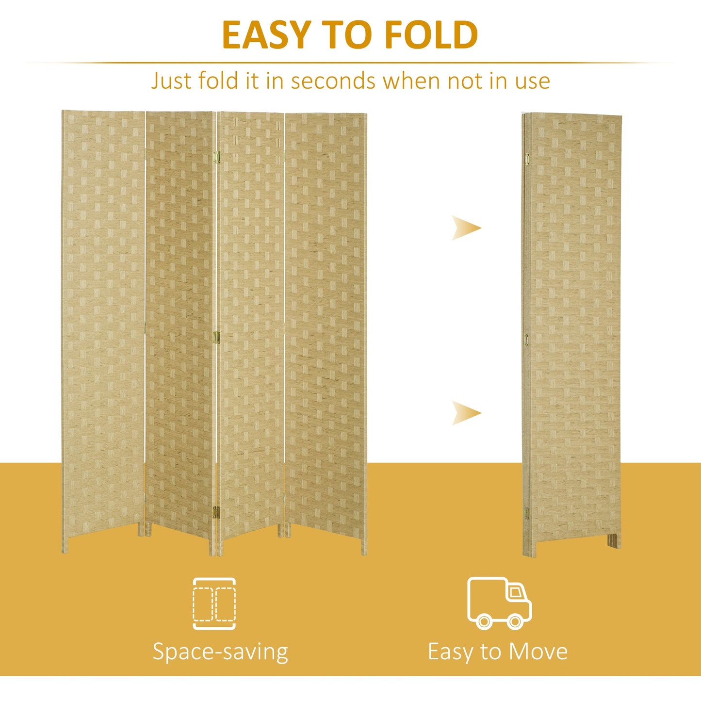 HOMCOM 4-Panel Room Dividers, Wave Fibre Freestanding Folding Privacy Screen Panels, Partition Wall Divider for Indoor Bedroom Office, 170 cm, Brown