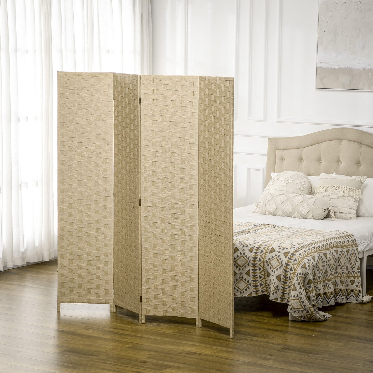 HOMCOM 4-Panel Room Dividers, Wave Fibre Freestanding Folding Privacy Screen Panels, Partition Wall Divider for Indoor Bedroom Office, 170 cm, Brown
